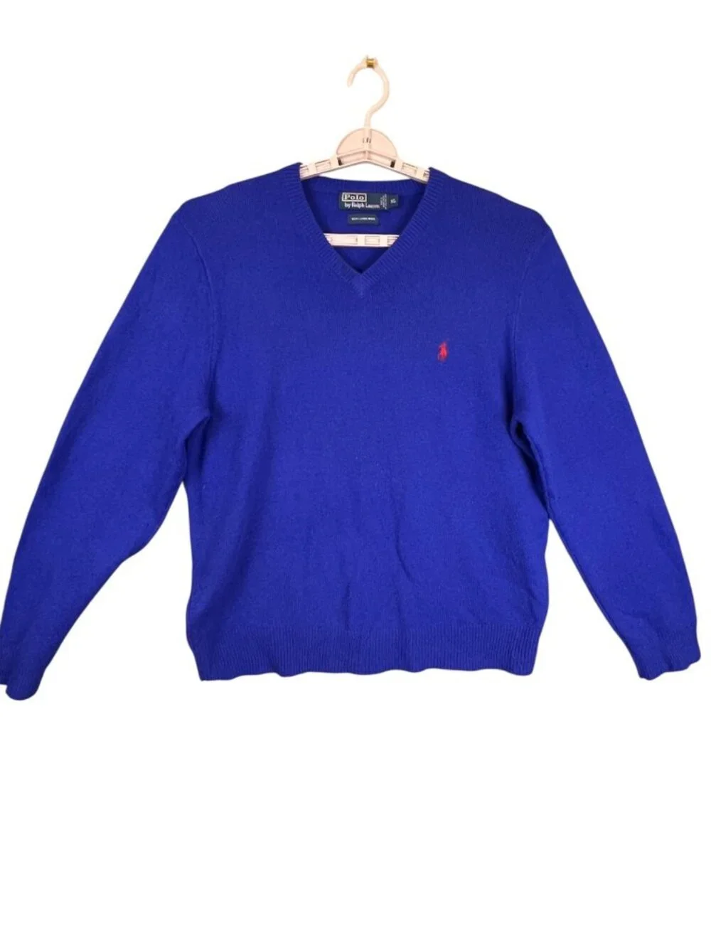 Polo Ralph Lauren Mens XL Blue Lambswool V-Neck Sweater With Red Logo